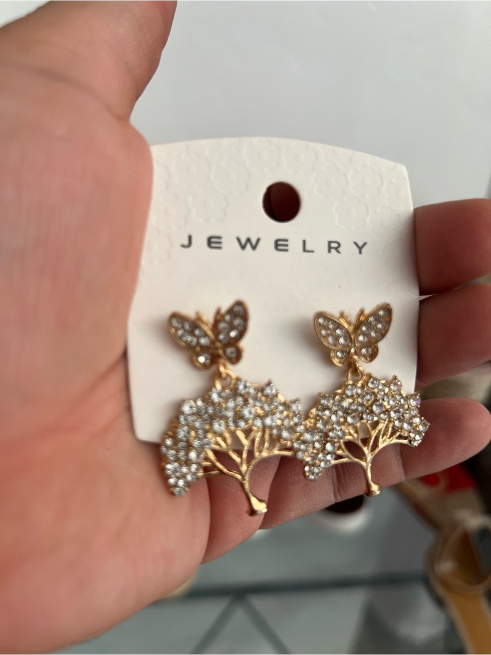Fashion Jewelry Gold Butterfly and Crystal Tree Drop Earrings